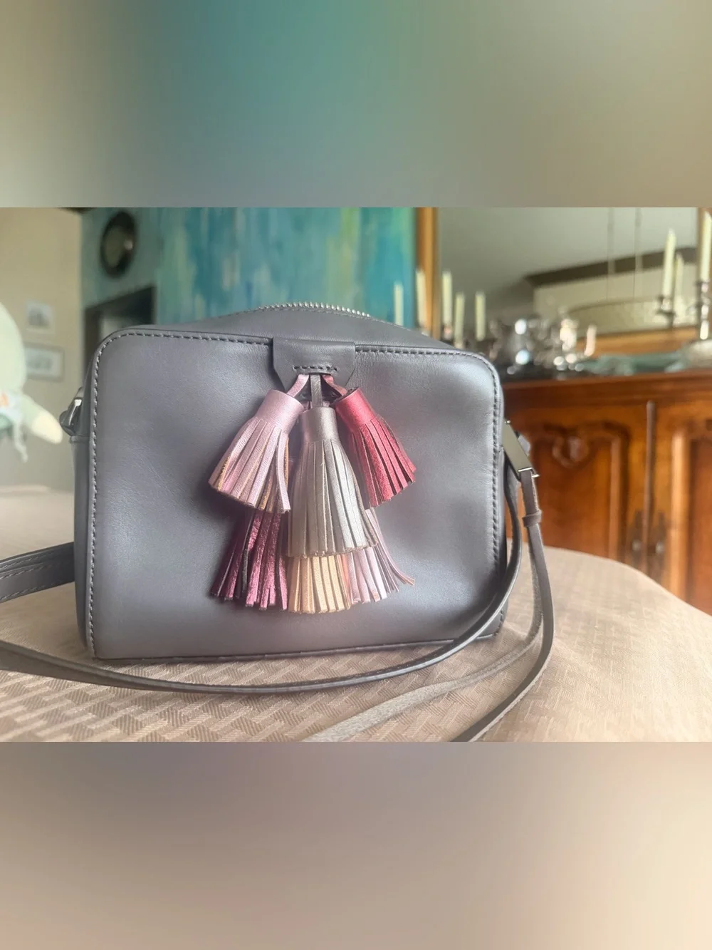 Rebecca Minkoff Gray Leather Crossbody with Tassels, Excellent Condition